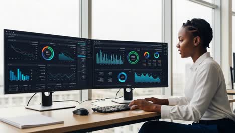 a focused analysis professional engages with dual-monitor setup to evaluate complex data and trends, demonstrating data-driven decision-making at its finest