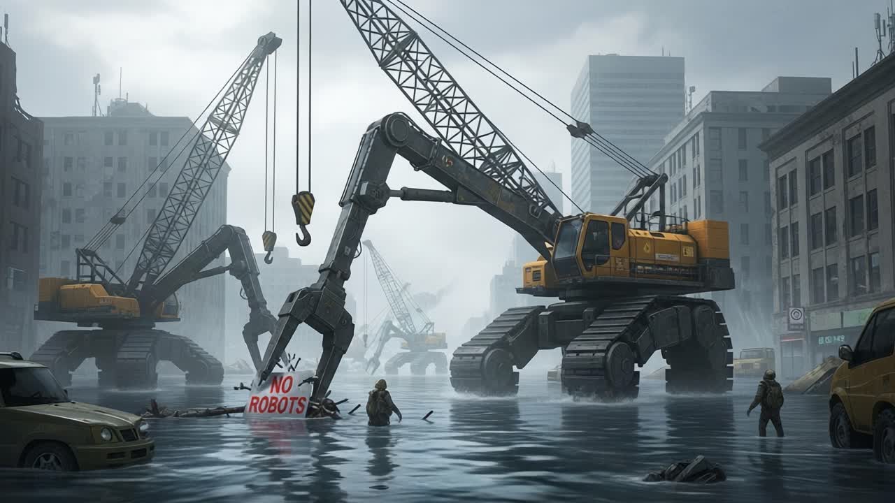 A dystopian landscape showcases massive construction machines navigating through floodwaters in an abandoned city, with a warning sign displaying 'No Robots' submerged in the water.