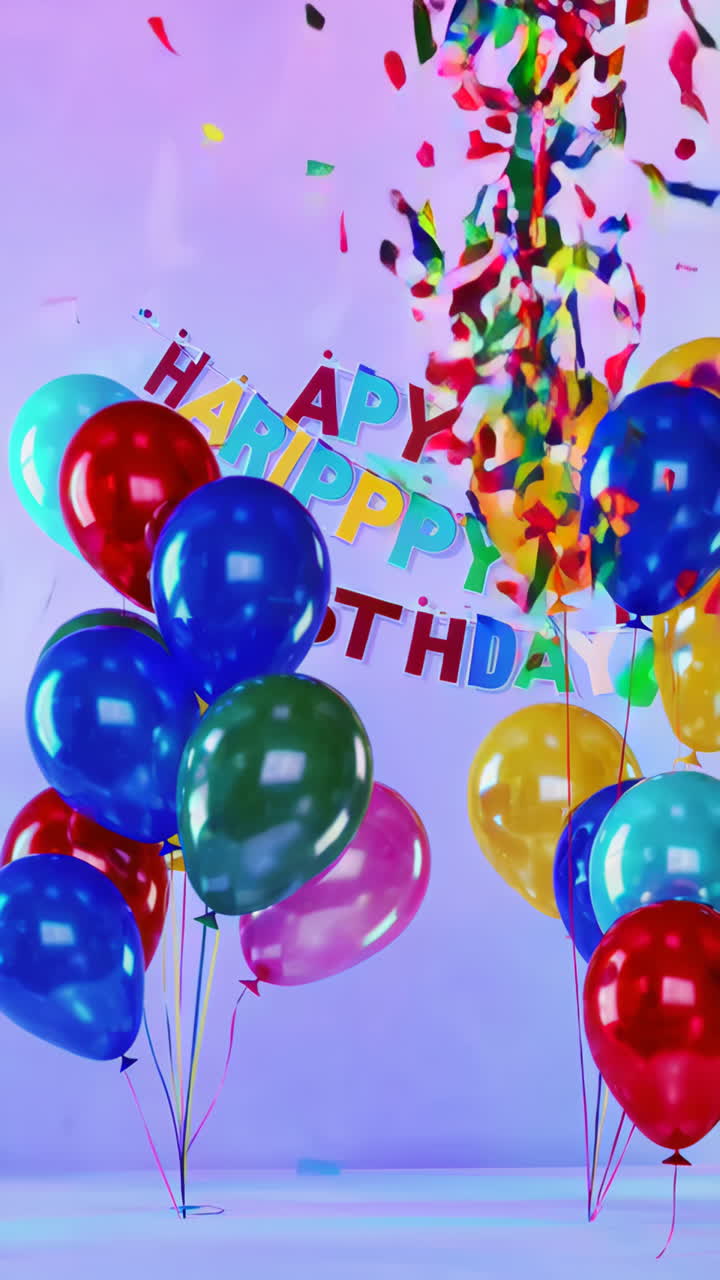 Happy Birthday Celebration with Balloons and Confetti
