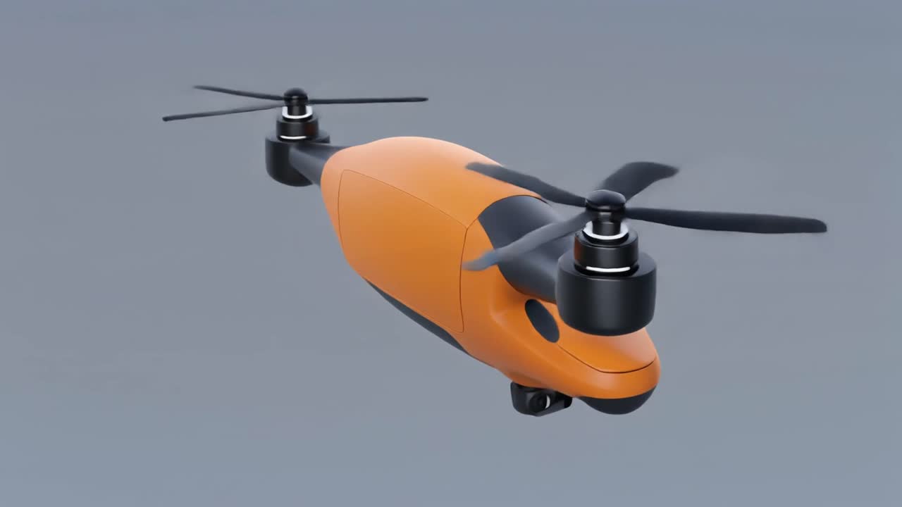3D-rendering av en modern orange leveransdrönare som flyger och roterar