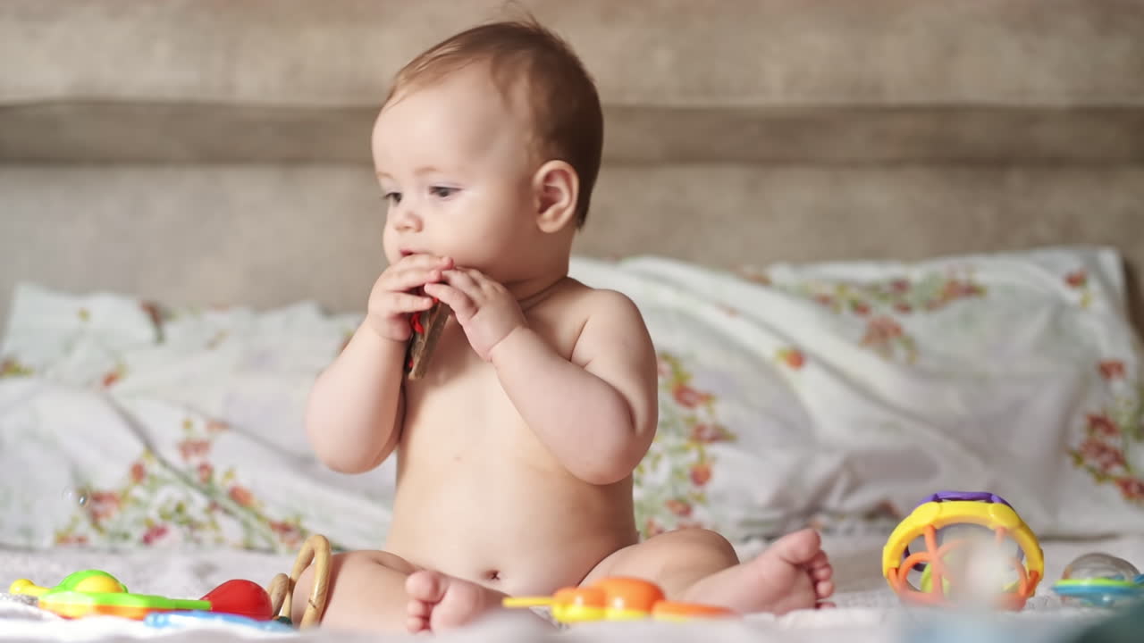 Caucasian blonde baby boy on a bed, playing with toys. Soap bubbles flying around. Slow motion