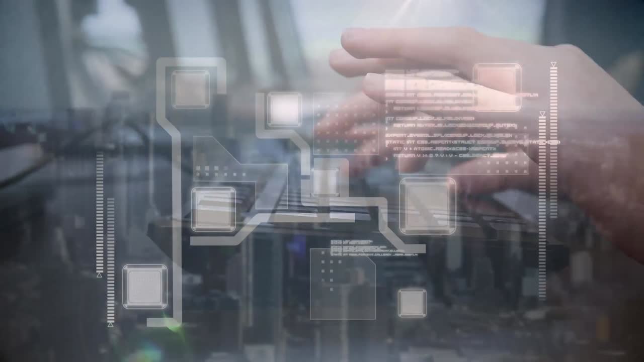 학교에서 컴퓨터를 사용하고 미소 짓는 백인 소년의 손 위에 집적 회로의 애니메이션