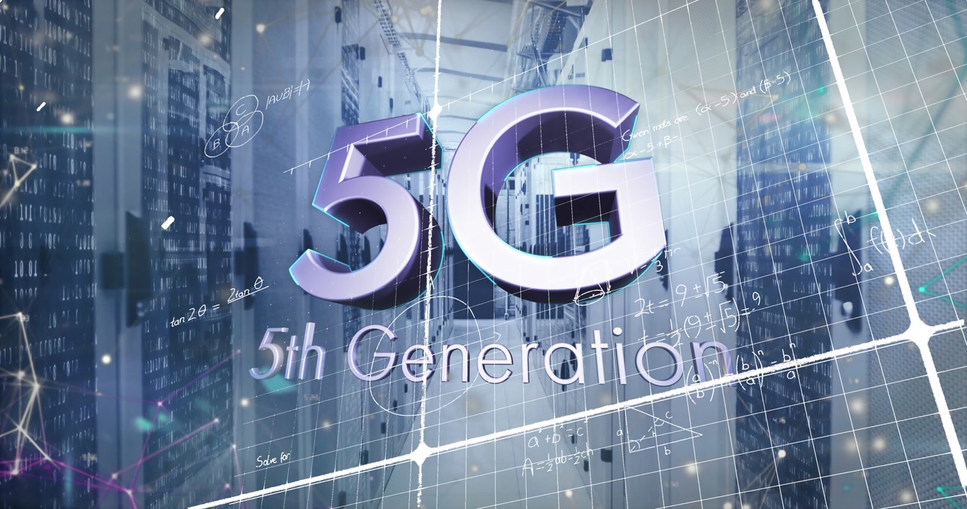 Animation of 5g text banner mathematical equations over grid network against computer server room