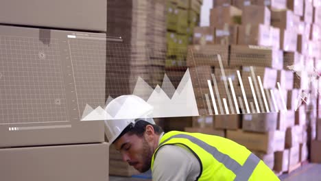 animation of financial data processing over caucasian man working in warehouse