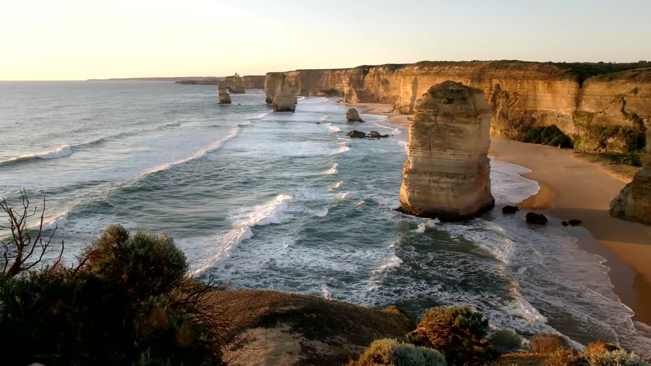 pan at sunset of the twelve apostles on the great ocean road
