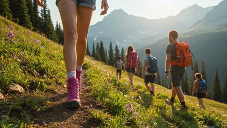 a group of adventurous hikers trekking through a scenic mountain trail surrounded by lush greenery and vibrant wildflowers under a clear sky