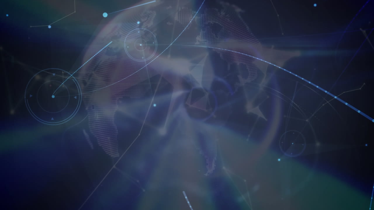 animación del globo con red de conexiones con estadísticas sobre fondo púrpura