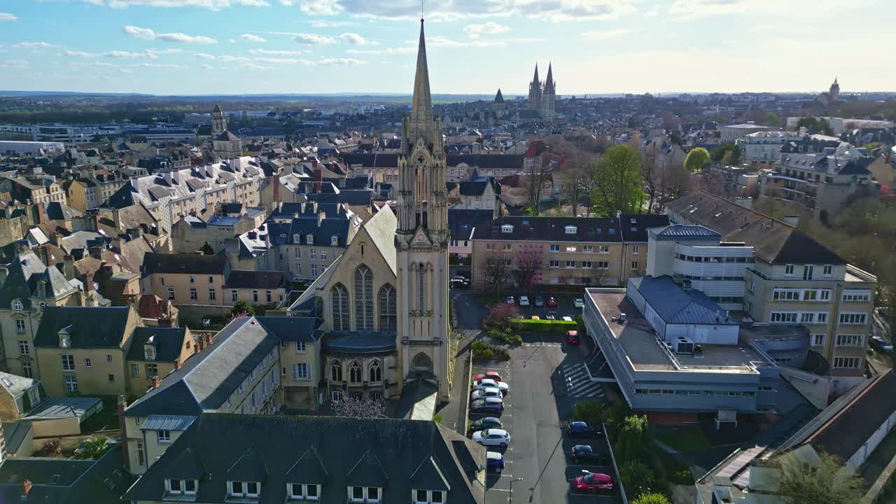 Chapel of Misericorde Convent, Caen in Normandy, France. Aerial drone approach