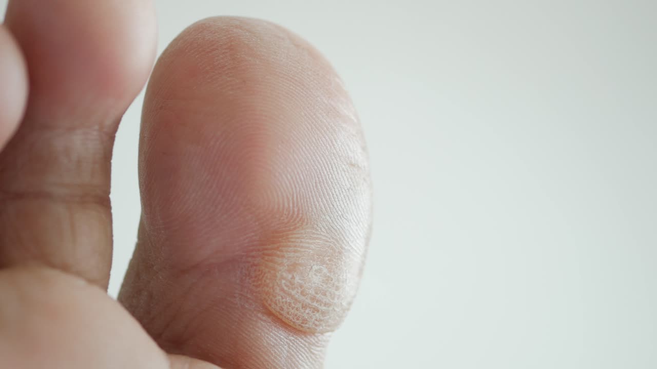Primo piano di un dito del piede con pelle secca e ruvida