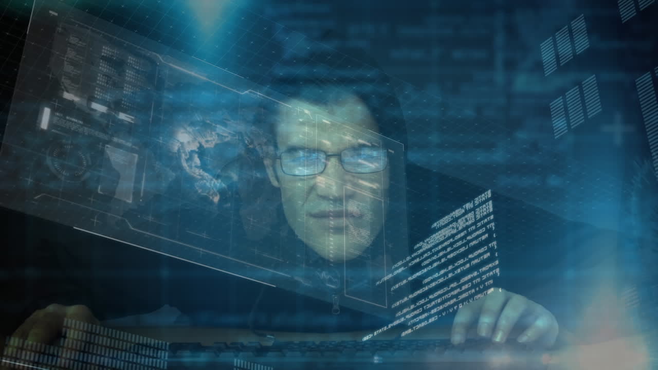 전면에 컴퓨터와 디지털 화면을 사용하는 해커