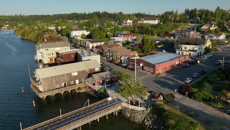 orbiting drone shot of the historic coupeville downtown district, the second oldest city in washington state