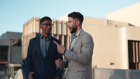 business, men and city, discuss