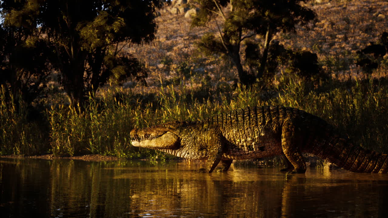 un gran cocodrilo camina a través de aguas poco profundas al atardecer en un hábitat natural