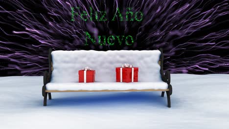 Animation-of-feliz-ano-nuevo-text-over-gifts-on-snow-covered-bench-and-new-year-fireworks-at-night