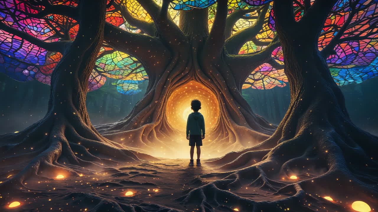 Child Before the Mystical Stained Glass Tree