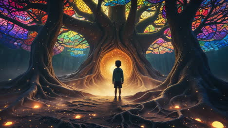 child before the mystical stained glass tree