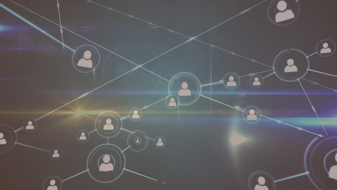 animación de la red de conexiones con iconos sobre rastros de luz sobre fondo negro