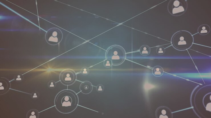 Animation of network of connections with icons over light trails on black background