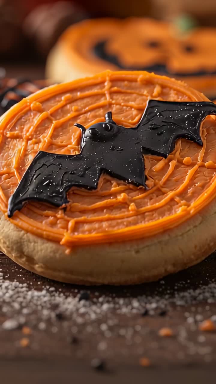 Vertical video: Camera panning over cookie on board showcasing orange frosting and black bat icing