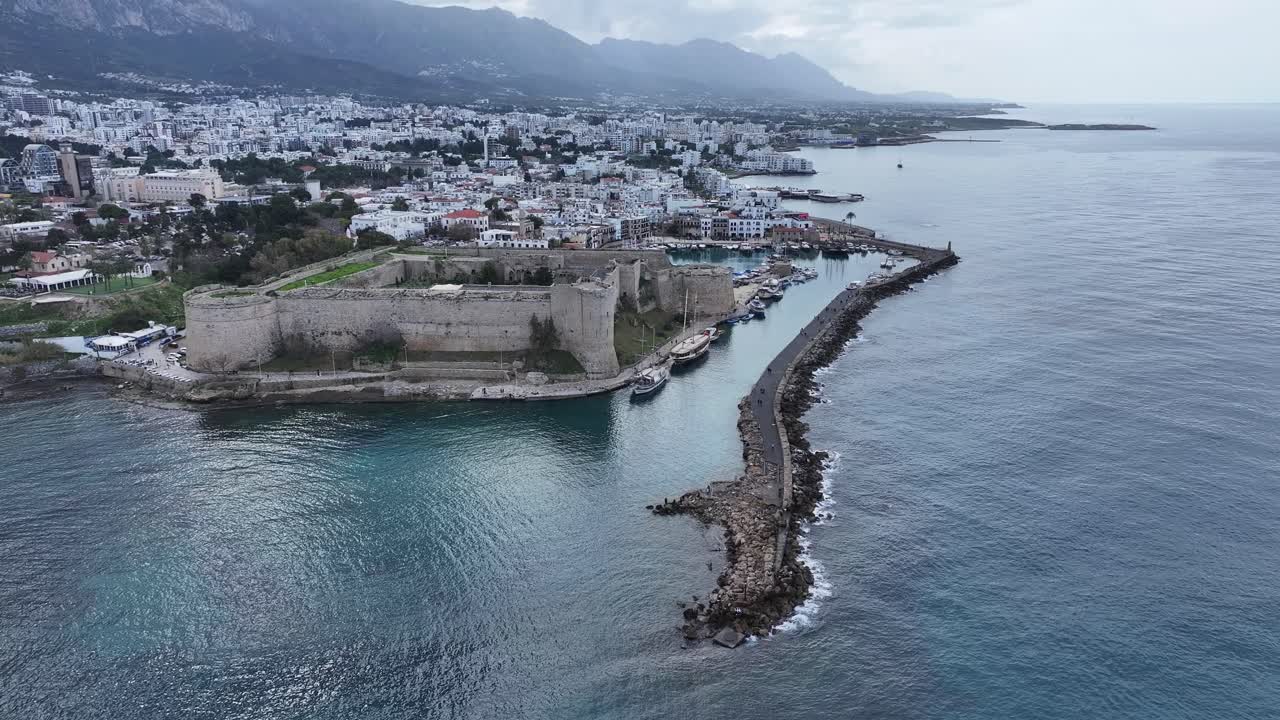 Aerial View of the Ancient Port and Kyrenia Castle in Kyrenia, the Pearl of Northern Cyprus