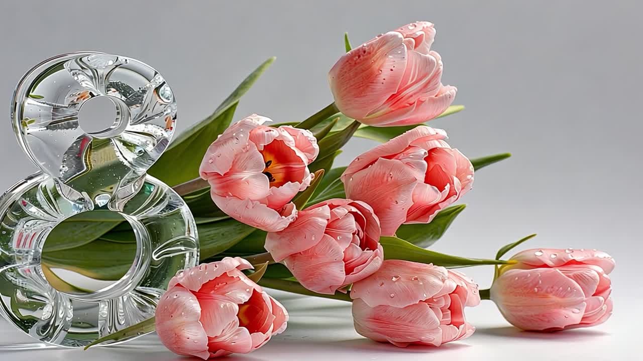 Pink Tulips with Glass Number Eight on White Background