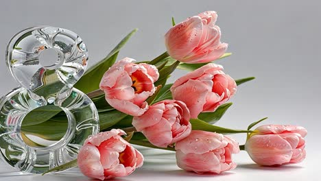 pink tulips with glass number eight on white background