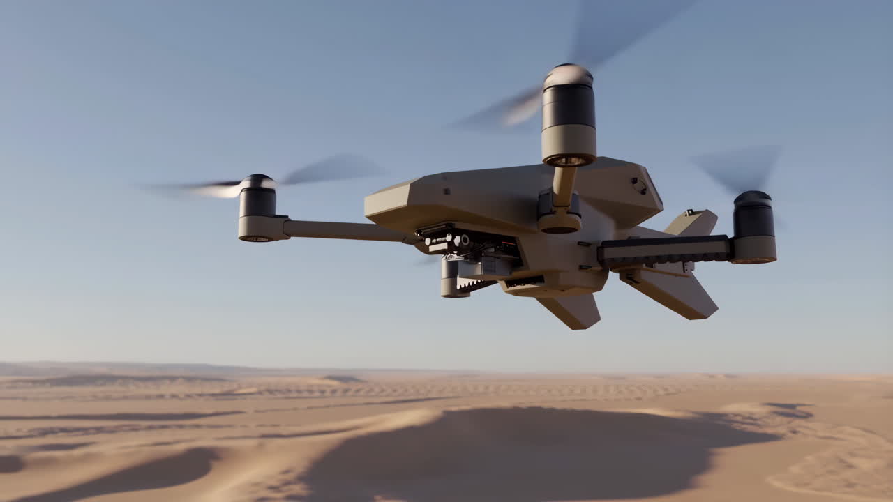 A military-style drone flies over a vast desert landscape