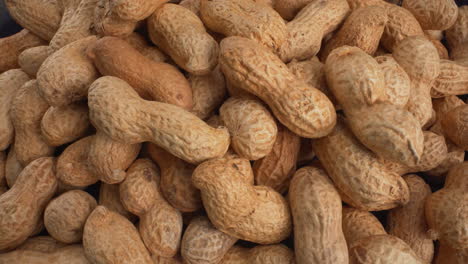 peanuts in shells macro moving, food product used in many recipes like chocolates, sauces and oils, known allergen, healthy nuts, peanut allergy, 4k top shot