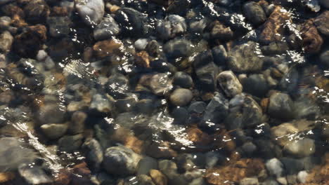 The-crystal-clear-water-of-the-river-Arrow-in-Warwickshire,-England-flowing-over-different-coloured-stones-and-pebbles-on-the-river-bed