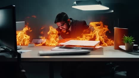 a man on fire in his office