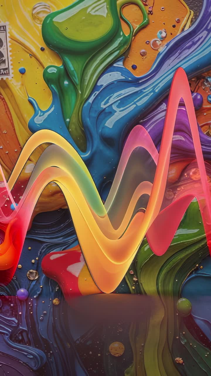 Vertical video: Emerging ribbon-like waveform shifting across digital canvas, with paint swirls