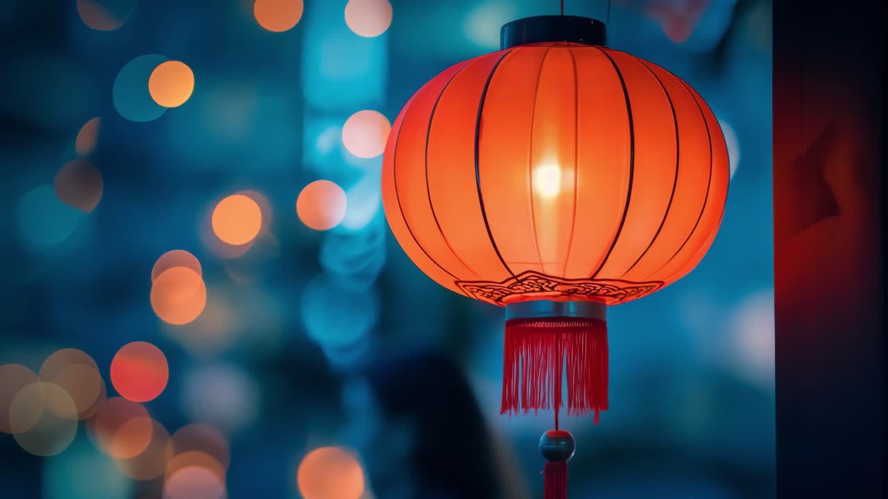 Hanging red paper lanterns glow warmly in the night, their vibrant colors creating a festive atmosphere enhanced by a beautiful bokeh effect in the background, perfect for celebrations