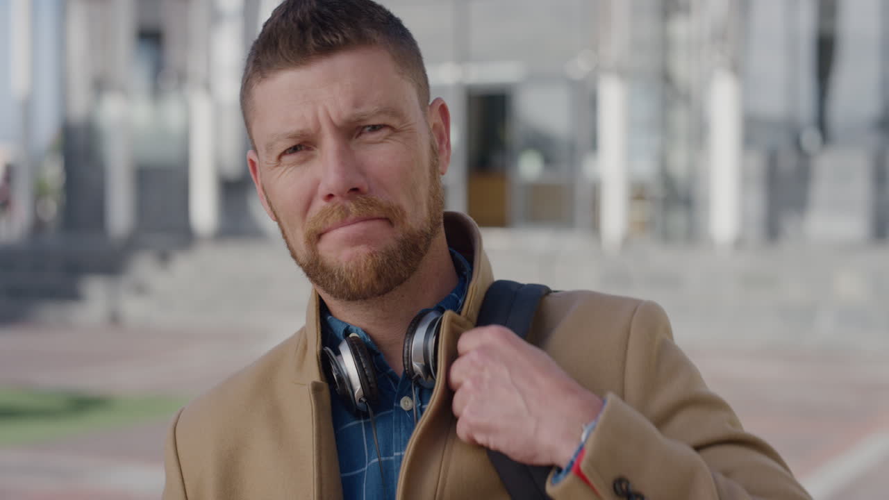 retrato hombre de negocios confiado buscando serio profesional empresario masculino vistiendo moda formal elegante en la ciudad cámara lenta