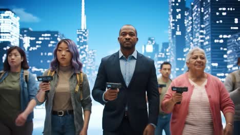 diverse group experiencing future technology in a cityscape