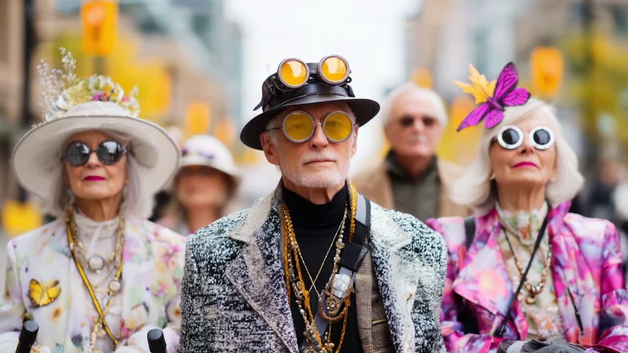A Vibrant Celebration of Style: A Group of Fashion-Forward Seniors Display Extravagant Outfits and Unique Accessories in a Colorful Urban Setting
