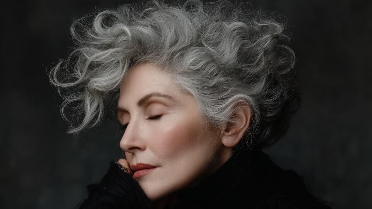 A Captivating Portrait of Elegance and Grace: Capturing the Timeless Beauty of Silver Hair and Distinctive Features in Two Enchanting Frames