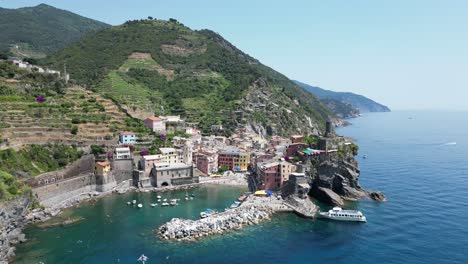 cinque terre vernazza village in la spezia, liguria, italy - aerial 4k