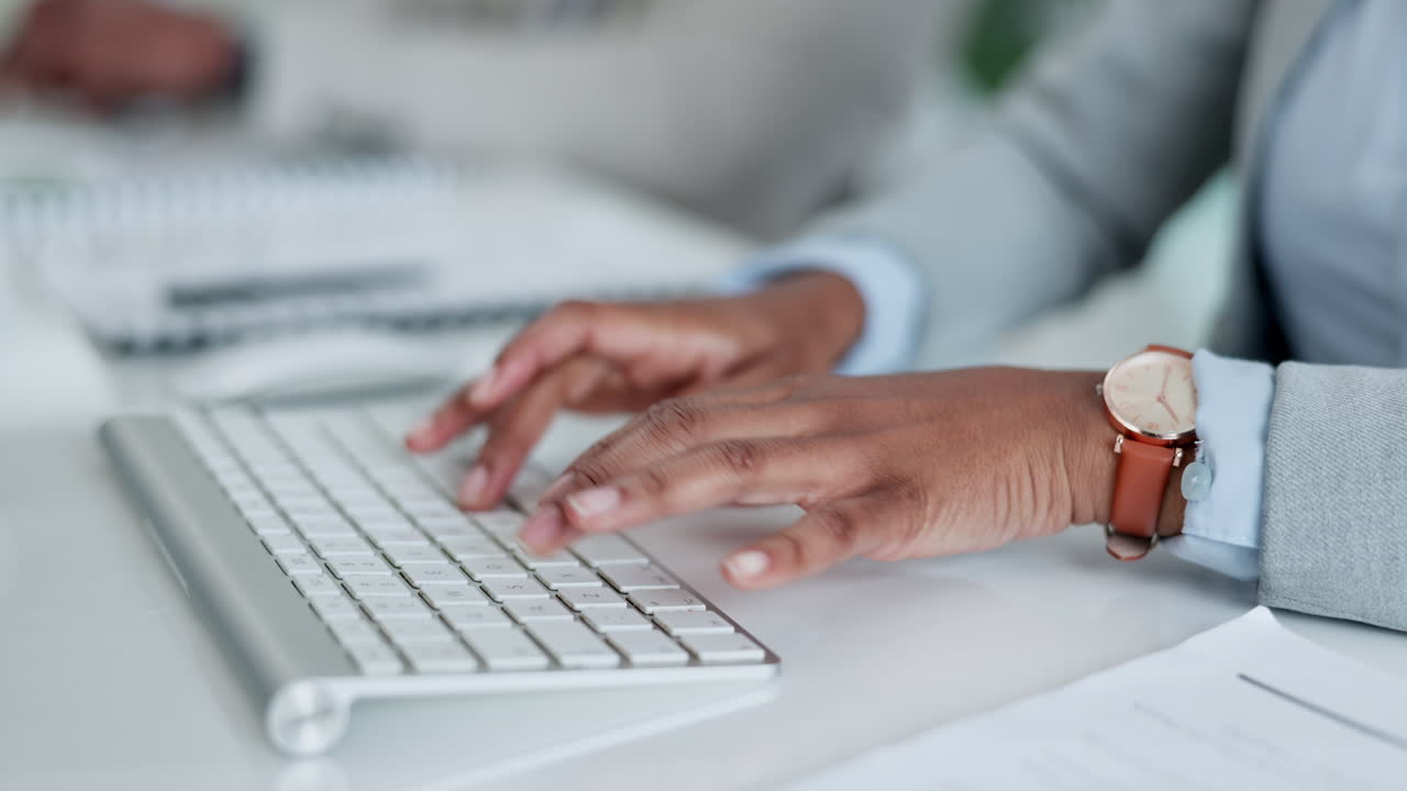 Hands, business person and typing on computer