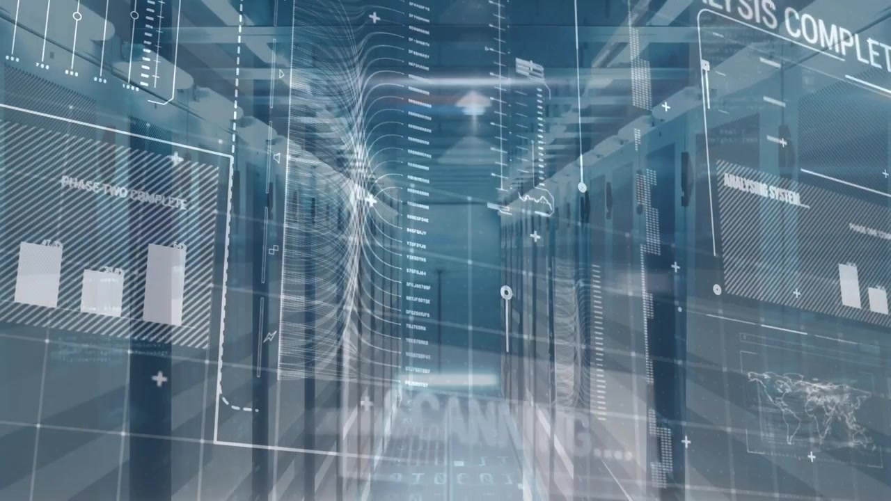 Animation of data processing over modern building and cityscape