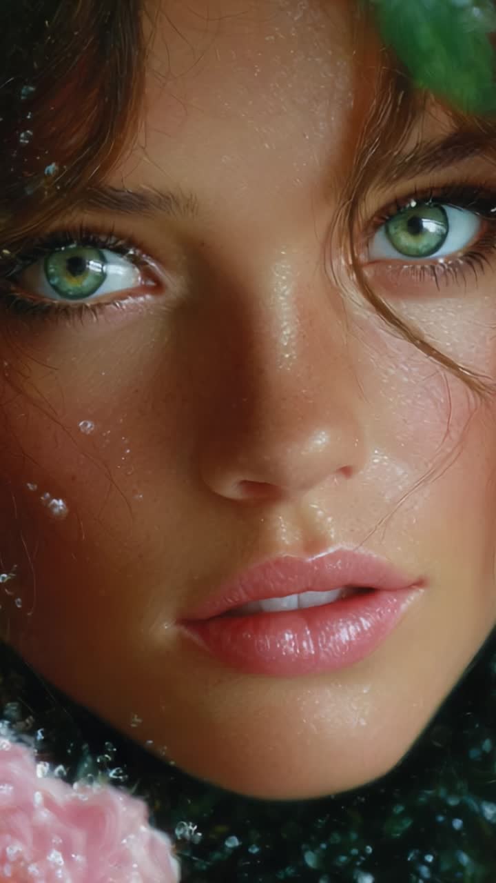 A Stunning Close-Up Portrait Capturing the Intricate Beauty of a Young Woman's Face with Striking Green Eyes and Delicate Water Droplets Enhancing the Visual Appeal