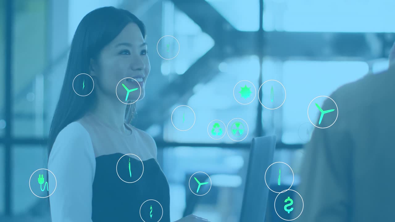 생태학 아이콘의 애니메이션 아시아 사업가 여성이 사무실에서 이야기