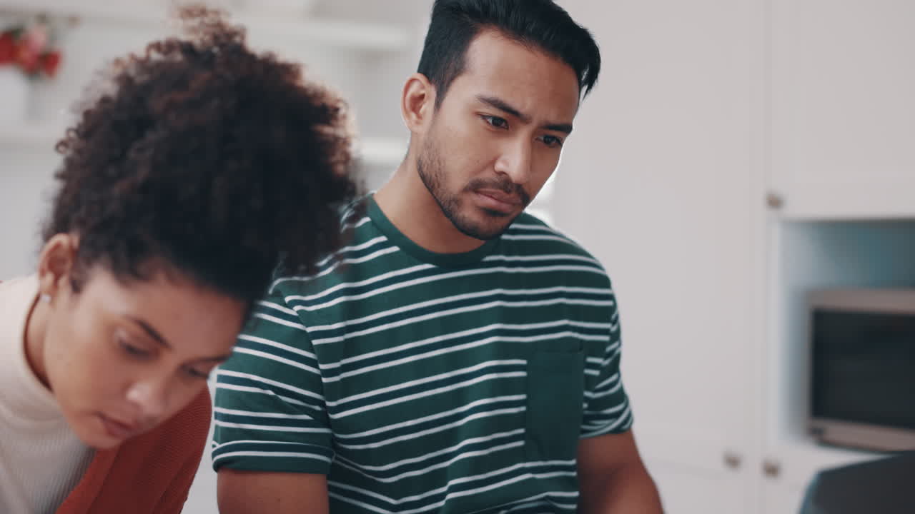 Couple, thinking and planning on laptop with home