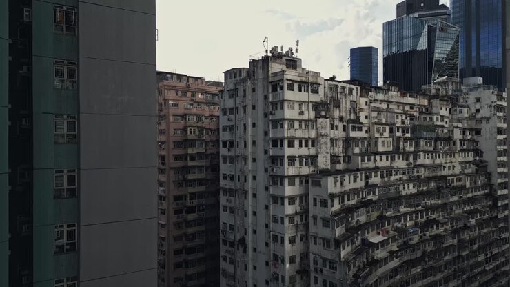 Vista aérea de um antigo complexo de apartamentos chamado Yick Fat em Quarry Bay, Hong Kong, China