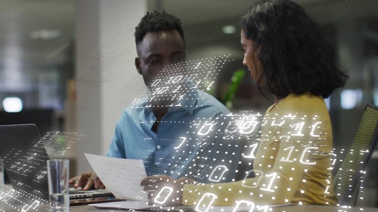 Animation of binary coding data processing over diverse business people in office