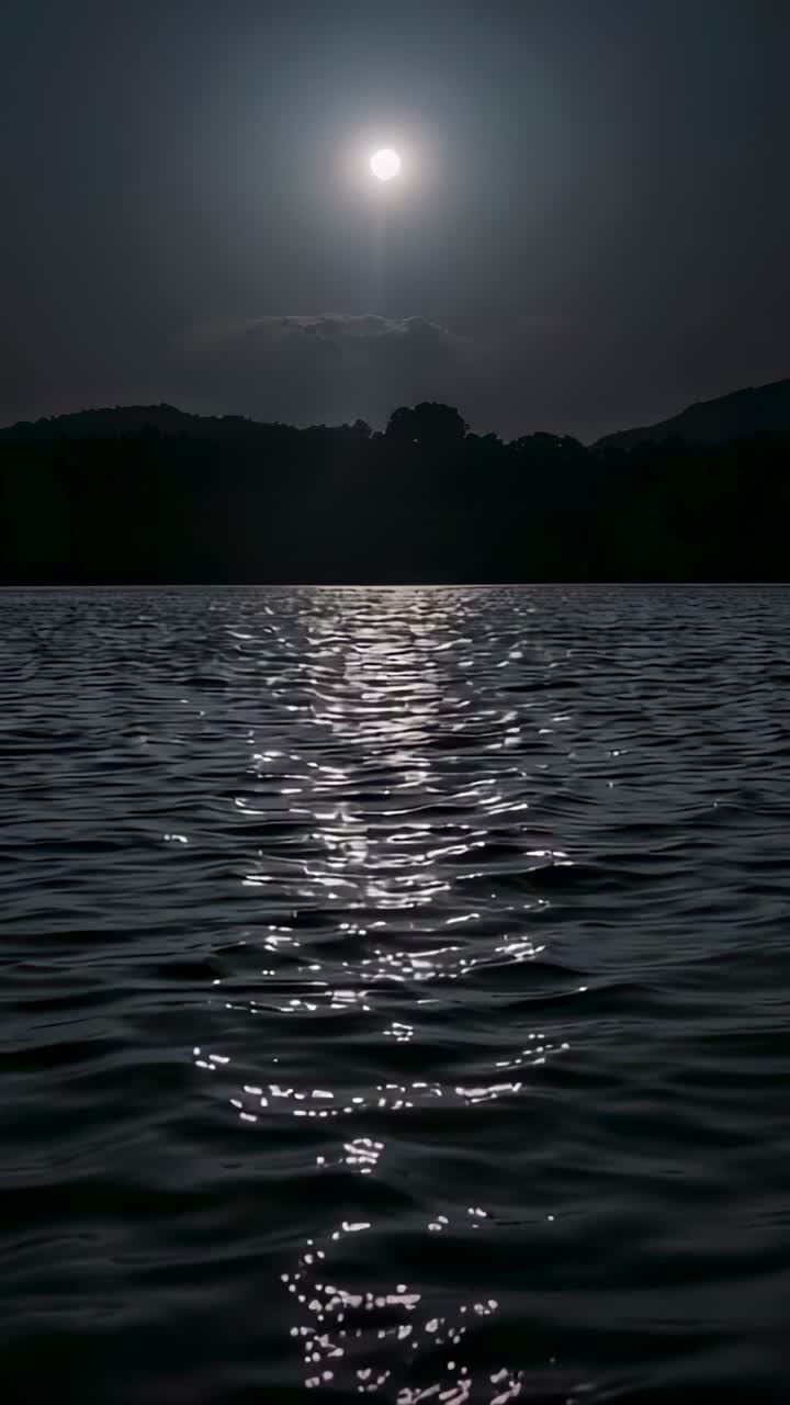 Video verticale: luna piena splendente che proietta un fascio di luce su un lago di notte, nuvole basse, sponda alberata