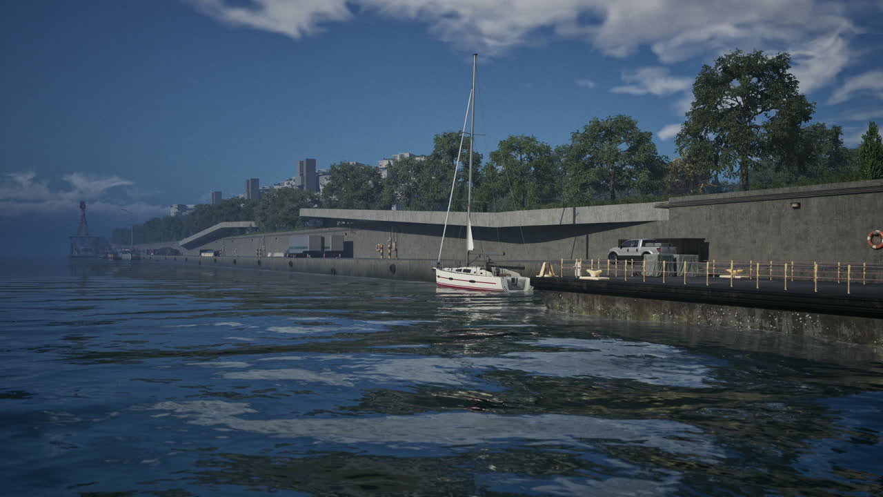 A small sailboat is docked at a pier in a harbor with a city skyline in the background.
