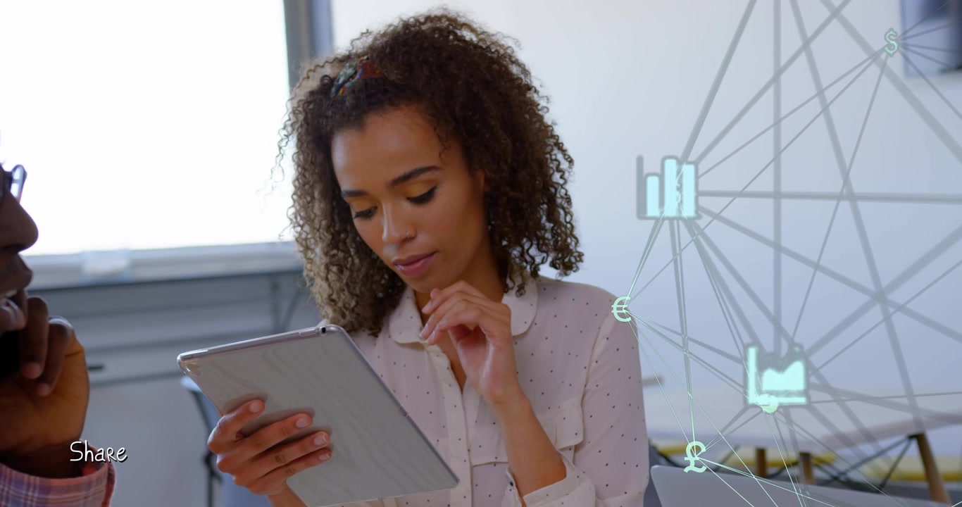 Office woman tapping tablet initiating transparent finance overlay showing charts, currency symbols