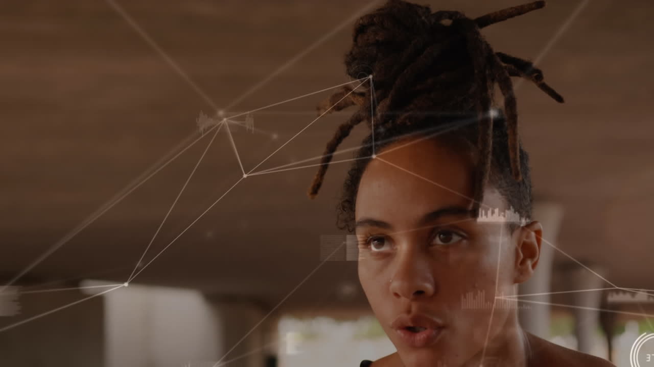 animación de la red de conexiones sobre la mujer en forma que hace ejercicio