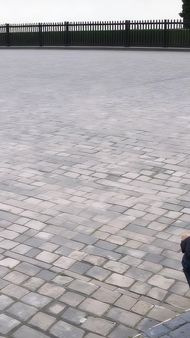 Vertical video: Recording starting, man in dark coat leaning by steps on cobble plaza, copy space
