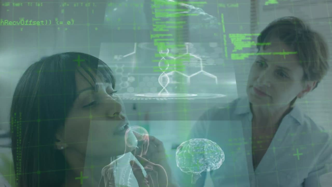 animación de datos biológicos en pantalla digital sobre diversas mujeres médico y paciente